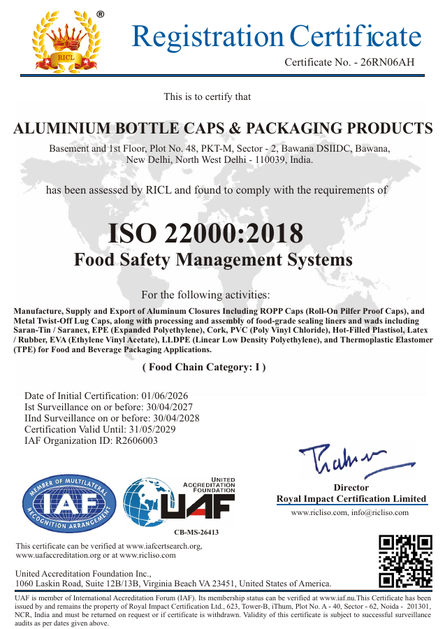 ISO 22000:2018 registration certificate for Aluminium Bottle Caps & Packaging Products